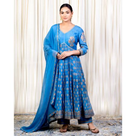 Blue Gathered Anarkali Set with Hand Embroidery